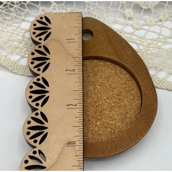 VTG 70s MCM Coaster Set Wood and Cork Handcarved Sere with Holder - Picture 5 of 5